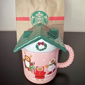 Starbucks 2025 Gingerbread house Pink Holiday Mug with Green Roof Lid